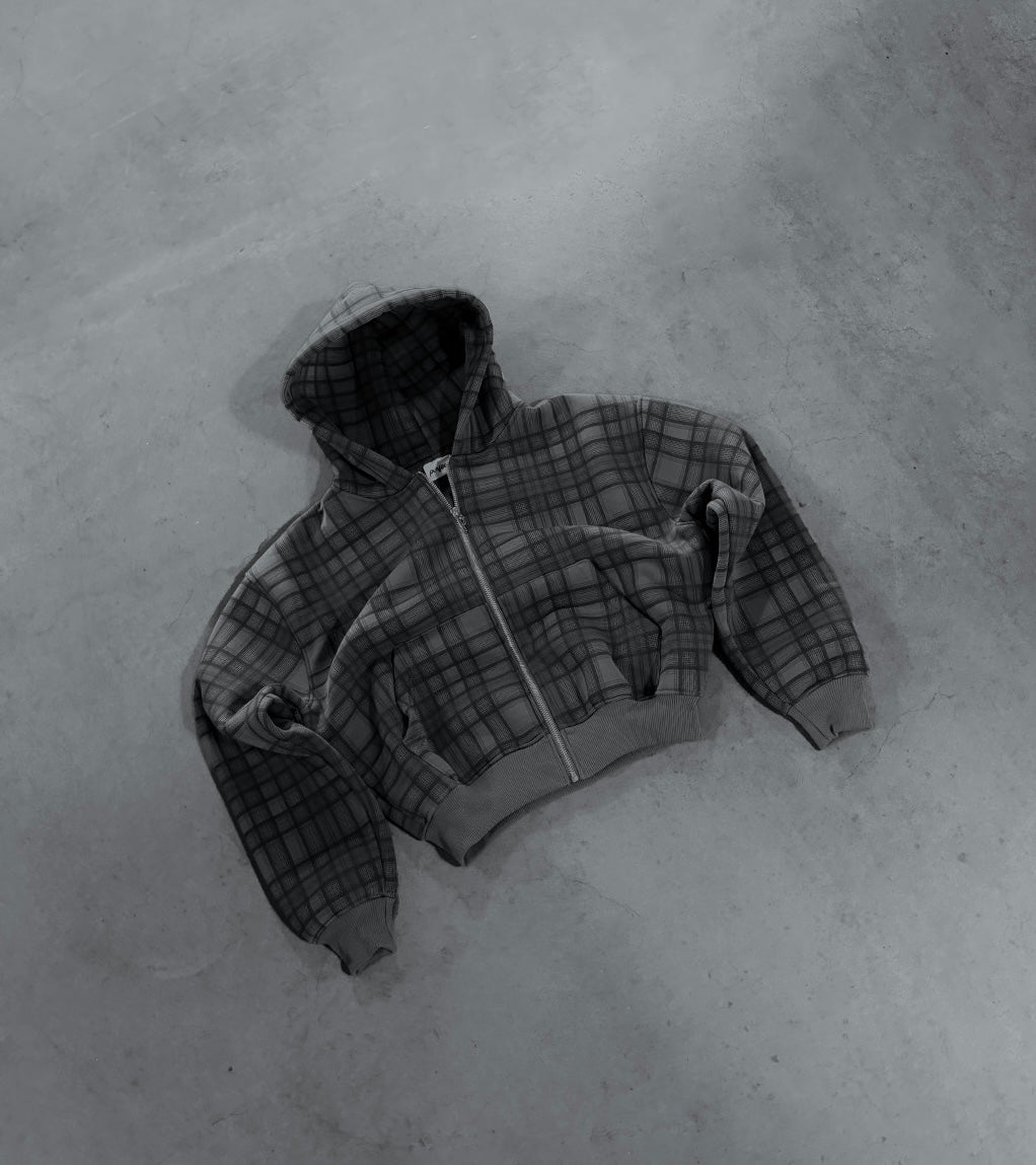 STONE GREY TARTAN ZIP HOODIE