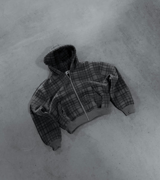 STONE GREY TARTAN ZIP HOODIE