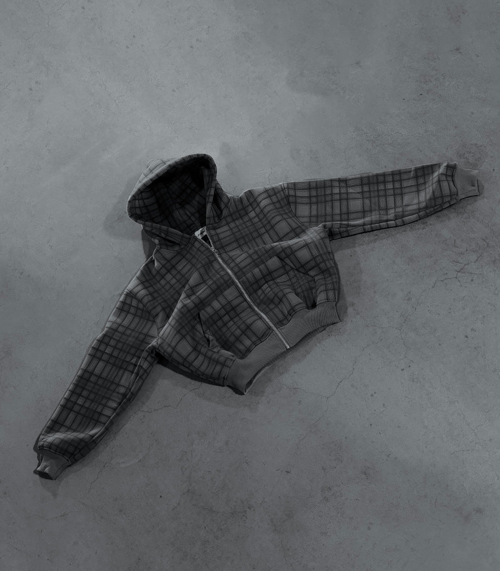 STONE GREY TARTAN ZIP HOODIE