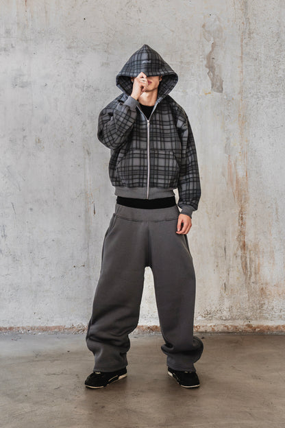 STONE GREY TARTAN ZIP HOODIE