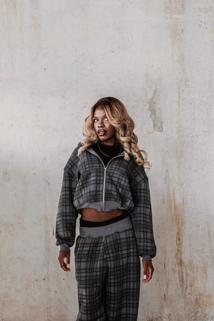 STONE GREY TARTAN ZIP HOODIE