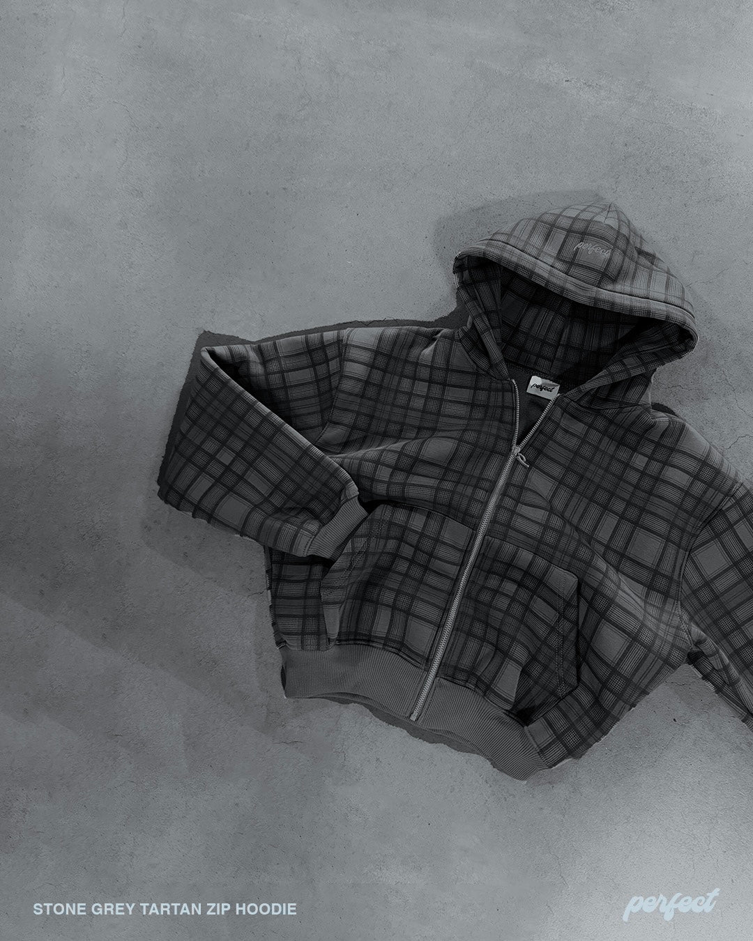 STONE GREY TARTAN ZIP HOODIE