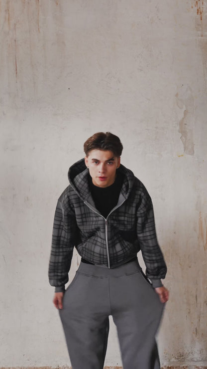 STONE GREY TARTAN ZIP HOODIE